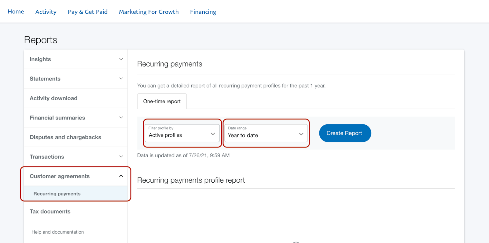 Screenshot of PayPal’s recurring payments report interface