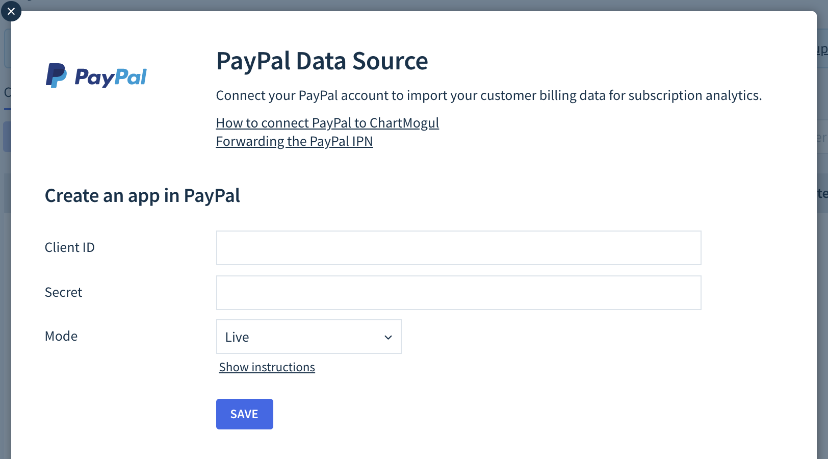 Screenshot of the PayPal Source setup window with the Client ID and Secret fields