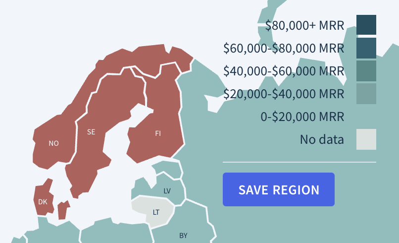 Screenshot showing Norway, Sweden, Finland, and Denmark selected with the Save Region button