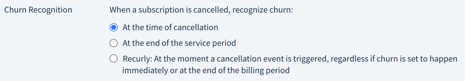 Screenshot of the three Churn recognition setting options described here
