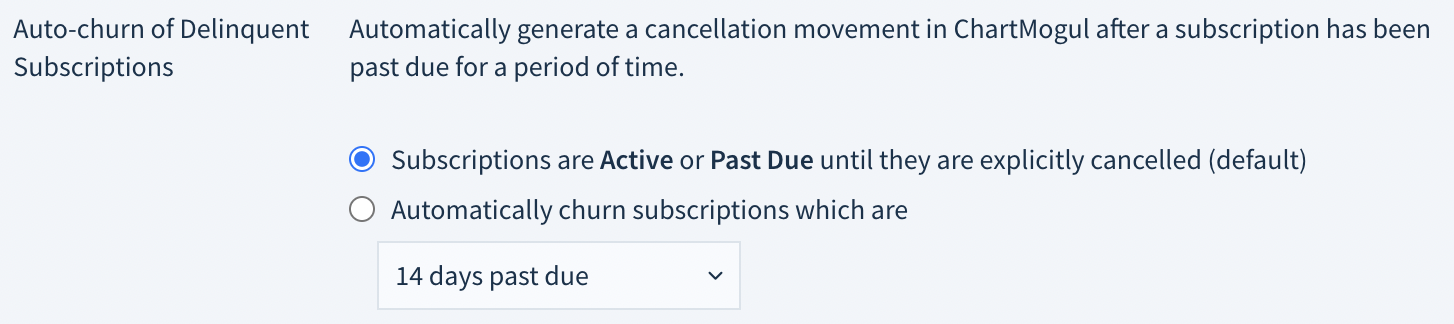 Screenshot of the two Handling of delinquent subscriptions setting options described here
