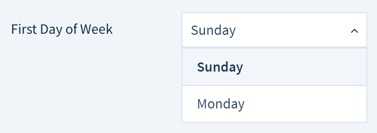 Screenshot of the First Day of Week drop-down with Sunday and Monday as options.