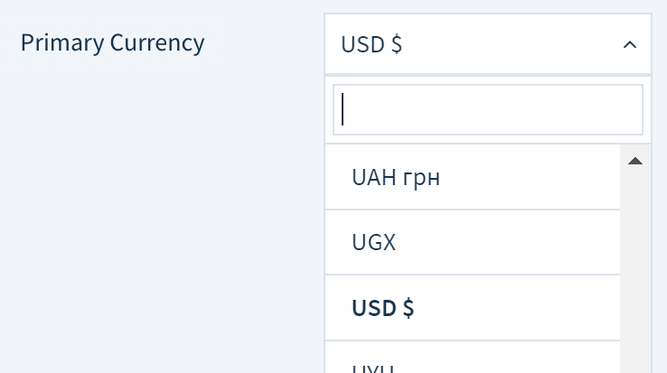 Screenshot of the Primary Currency drop-down with various currencies