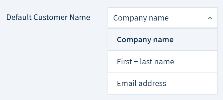 Screenshot of the Default Customer Name drop-down with three options: company name, first + last name, and email address