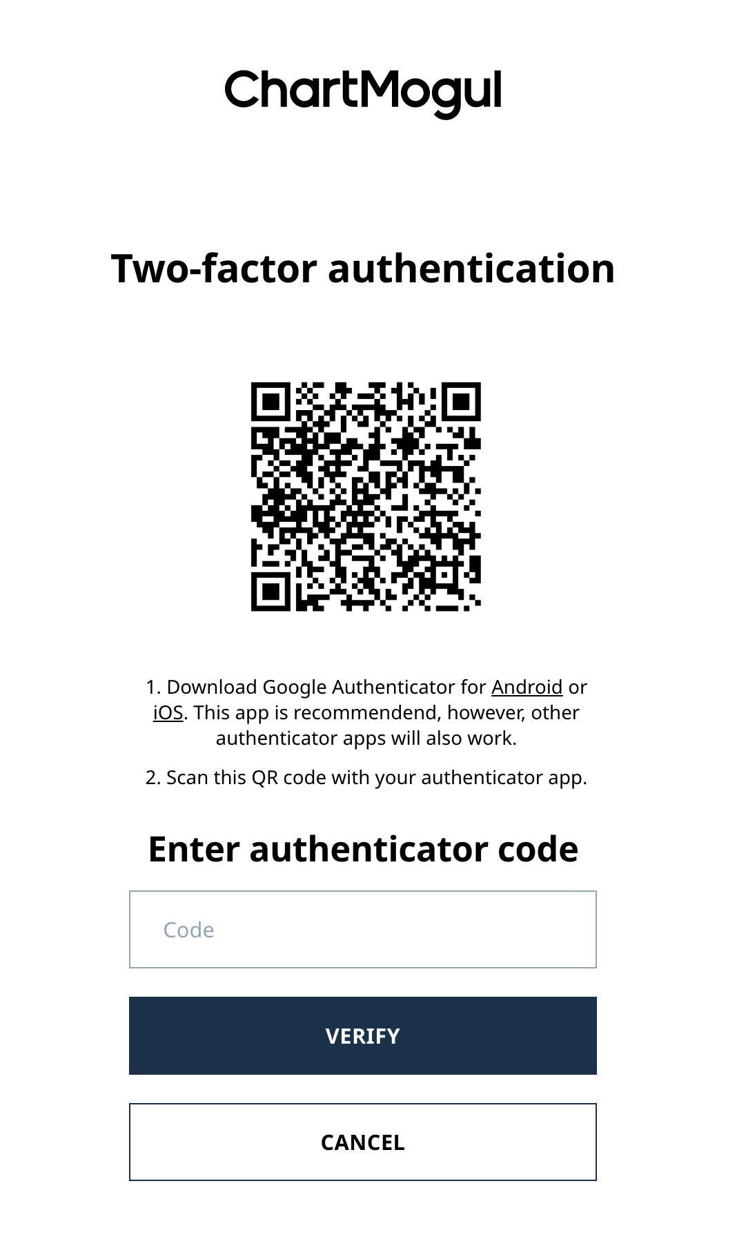 Screenshot of the Two-factor authentication screen with a QR code and a field to enter an authenticator code. Below the field there are two buttons: Verify and Cancel.