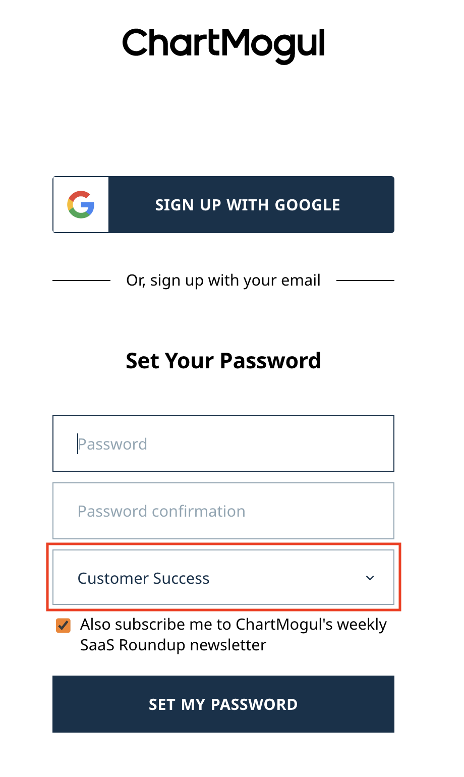 Screenshot of a page with two signup options: a Sign Up With Google button and fields to enter the user's password, password confirmation and role. At the bottom, there's a button saying Set My Password.