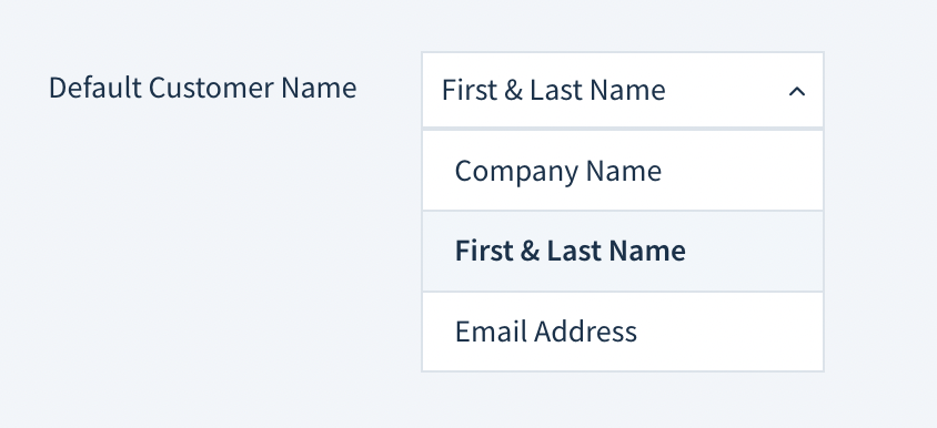 Screenshot of the Default customer name drop-down menu with three options: company name, first and last name, and email address