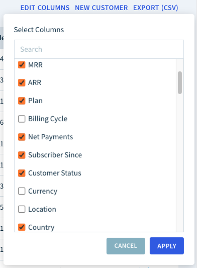 Screenshot of the Select Columns menu with a search field and various options to choose from, such as MRR, ARR, Plan, or Billing Cycle. There are Cancel and Apply buttons at the bottom.