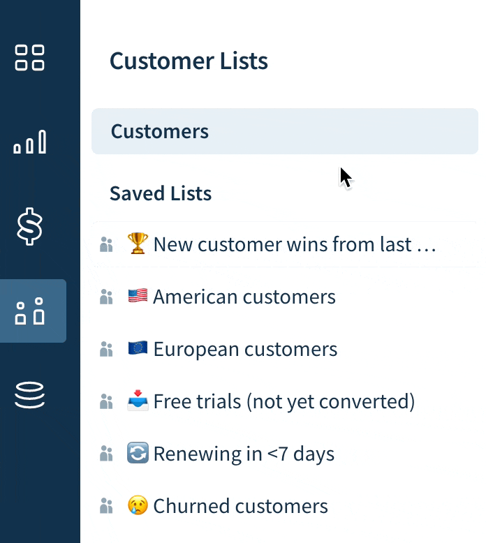 Screencap of the Customer Lists sidebar. The user moves a list in the Saved Lists section by hovering over the list, clicking the hamburger icon, and dragging the list to a new position.