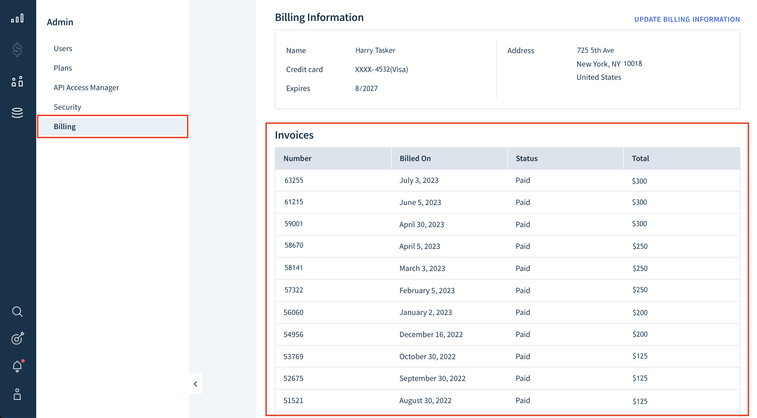 The Billing page showing two sections: Billing Information and Invoices. The Invoices section lists all customer’s invoices as a table with the following columns: Number, Billed On, Status, and Total.
